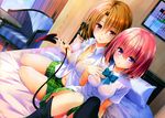  2girls blush breasts brown_hair momioka_risa momo_velia_deviluke nipples no_bra panties pink_hair see_through seifuku short_hair tail thighhighs to_love_ru to_love_ru_darkness underwear yabuki_kentarou 