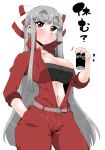  1girl absurdres bandeau bangs belt black_bandeau blush breast_pocket breasts cleavage collarbone commentary_request contrapposto cowboy_shot eyebrows_visible_through_hair eyelashes fujiwara_no_mokou grey_hair hair_spread_out half-closed_eyes half_updo hand_in_pocket highres holding jumpsuit large_breasts long_hair long_sleeves looking_at_viewer midriff narrow_waist navel object_request open_jumpsuit pocket raised_eyebrows red_eyes red_jumpsuit simple_background solo takeu taut_bandeau thick_eyebrows touhou translation_request unzipped very_long_hair white_background wide_hips 