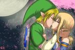  1girl cherry_blossoms closed_eyes fairy_tail fenrox kiss link lucy_heartfilia moonlight the_legend_of_zelda 