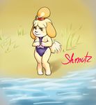  anthro beach bell breasts camel_toe canine collar dog female flashing fur grass hair isabelle isabelle_(animal_crossing) looking_at_viewer mammal nintendo sand sea seaside shmutz-art smile solo standing swimsuit tailwag tan_fur video_games water watermark 