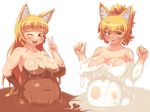  animal_ears blonde_hair blush borrowed_character breasts chocolate chocolate_covered fox_ears hand_on_hip highres large_breasts long_hair looking_at_viewer monugaeru multiple_girls nude one_eye_closed open_mouth original plump short_hair simple_background smile white_background 