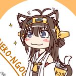  :3 ahoge animal_ears blue_eyes blush_stickers brown_hair can cat_ears cat_tail chibi dated detached_sleeves double_bun hairband headgear homura_(silver_blaze) kantai_collection kemonomimi_mode kongou_(kantai_collection) long_hair nontraditional_miko prehensile_hair pun smile solo sparkle tail translation_request 