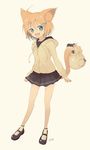  animal_ears batta_(kanzume_quality) cat_ears cat_tail hair_ornament hairclip highres kettle open_mouth original short_hair simple_background skirt smile solo tail tail_hold 