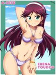  bad_anatomy bikini bracelet breasts character_name cleavage earrings green_eyes jewelry long_hair love_live! love_live!_school_idol_project maru_takeo medium_breasts mole mole_under_eye o-ring o-ring_bikini o-ring_bottom o-ring_top purple_hair solo swimsuit toudou_erena 