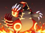  glowing glowing_eyes groudon molten_rock monster nekomissile no_humans omega_symbol pokemon pokemon_(creature) primal_groudon sharp_teeth solo spikes tail teeth 