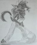  barefoot black_and_white black_fur breasts cat claws clothed clothing darke_katt feline female frown fur hair hat long_hair looking_at_viewer mammal monochrome mop overalls pencil plejman solo traditional_media 