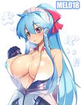  :p areolae blue_hair blush bow breasts covered_nipples elbow_gloves gloves hair_bow jpeg_artifacts large_breasts long_hair maid_headdress mel/a melmaid open_mouth original ponytail red_eyes sidelocks simple_background sketch solo tongue tongue_out very_long_hair 