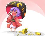  &gt;_&lt; barefoot bowl bowl_hat broken closed_eyes commentary crying hammer hat highres japanese_clothes kimono long_sleeves minigirl obi open_mouth pointing purple_hair sash shinapuu solo sukuna_shinmyoumaru touhou wavy_mouth wide_sleeves 