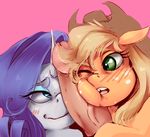  applejack_(mlp) bestiality blonde_hair blue_eyes blush clothing cowboy_hat duo equine female feral freckles friendship_is_magic green_eyes hair hat horn horse human humanoid_penis interspecies makeup male mammal my_little_pony nervous one_eye_closed open_mouth penis pink_background plain_background pony purple_hair rarity_(mlp) simple_background smile sundown_(artist) teeth tongue unicorn wink 