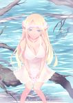  aida_mai bare_shoulders blonde_hair blue_eyes breasts flower large_breasts long_hair looking_at_viewer original pointy_ears sitting solo water 