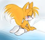  bed blue_eyes blush butt canine fox fox_tail fur kneeling looking_at_viewer looking_back male mammal miles_prower multiple_tails orange_fur plantigrade sega smile solo sonic_(series) sonic_the_hedgehog tails 