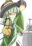  blush faceless faceless_male gaoo_(frpjx283) genderswap genderswap_(ftm) green_eyes green_hair hat highres komeiji_koishi male_focus open_mouth otoko_no_ko pee peeing short_hair skirt skirt_lift solo_focus touhou trembling urinal 