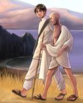  axis_powers_hetalia bald black_eyes black_hair civilization_(series) civilization_v commentary crossover glasses india_(hetalia) indian_clothes mahatma_gandhi multiple_boys round_eyewear sandals sherry_lai short_hair smile walking walking_stick 