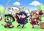  3girls :&lt; asymmetrical_wings ball basket black_hair blonde_hair bow chibi chipa_(arutana) cloud commentary_request day dress empty_eyes flandre_scarlet grass green_hair hands_up hat hat_ribbon houjuu_nue komeiji_koishi mob_cap multiple_girls o_o ribbon side_ponytail sitting smile stage_connection sweat third_eye touhou translated wings 