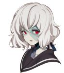  1girl aya_shachou commentary eyebrows_visible_through_hair hair_ribbon konno_junko long_hair looking_at_viewer low_twintails patchwork_skin portrait red_eyes ribbon sailor_collar solo twintails upper_body white_background white_hair zombie zombie_land_saga 