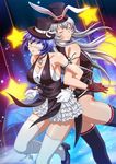  2girls blue_hair breasts chouun_shiryuu eyepatch gloves green_eyes hat ikkitousen jewelry large_breasts long_hair multiple_girls necklace official_art ryomou_shimei short_hair smile standing thighhighs white_hair 