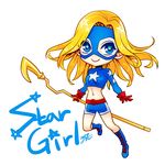  1girl blonde_hair blue_eyes boots character_name chibi courtney_whitmore dc_comics gloves mask shorts solo staff stargirl 