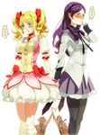  2boys 2girls akemi_homura akemi_homura_(cosplay) alternate_hairstyle blonde_hair blue_eyes blush bow bubble_skirt cosplay gem gloves green_eyes hair_bow hairband jewelry jordalla kaname_madoka kaname_madoka_(cosplay) long_hair magarikado magical_girl mahoney_katalucia mahou_shoujo_madoka_magica mist_belduke multiple_boys multiple_girls necklace pantyhose professor_layton_vs._gyakuten_saiban purple_hair ribbon short_hair short_twintails skirt storyteller twintails 