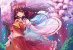  :o bow brown_eyes brown_hair cherry_blossoms detached_sleeves frills hair_bow hair_tubes hakurei_reimu highres long_hair long_skirt midriff navel open_mouth petals skirt solo touhou wide_sleeves wind youxuemingdie 