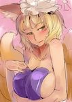  animal_ears blonde_hair blush breast_lift breasts cleavage collarbone covering fox_ears fox_tail hat large_breasts licking_lips looking_at_viewer multiple_tails nude_cover sideboob sinzan solo tail tongue tongue_out touhou towel upper_body yakumo_ran yellow_eyes 
