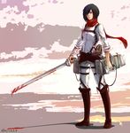  absurdres belt black_eyes black_hair blood boots highres mikasa_ackerman scarf sen_(alshy379) shingeki_no_kyojin short_hair solo sword thigh_strap three-dimensional_maneuver_gear weapon 