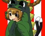  :d animal_costume brown_eyes brown_hair cat_tail chen dragon_costume hand_to_own_mouth multiple_tails nekomata okaken open_mouth short_hair smile solo tail touhou two_tails 