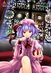  ascot blue_hair cross crossed_legs cup dress drinking_glass hat hat_ribbon highres juliet_sleeves long_sleeves looking_at_viewer mob_cap namamo_nanase pink_dress pink_eyes puffy_sleeves remilia_scarlet ribbon sitting solo stained_glass touhou wine_glass 