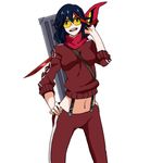  alternate_costume bad_id bad_pixiv_id between_breasts black_hair breasts case con_potage hand_on_hip highlights kill_la_kill matoi_ryuuko midriff multicolored_hair navel shooting_glasses solo strap_cleavage suspenders track_suit 