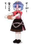  beret blue_eyes blue_hair boned_meat check_translation commentary food hat jiangshi meat miyako_yoshika ofuda open_mouth outstretched_arms shirosato short_hair solo touhou translation_request trembling trolling zombie_pose 
