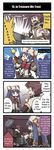  1girl 4koma :d :o afterimage ahoge artist_request belt bow brown_hair class_of_heroes clenched_hand closed_eyes comic english fang gloves hair_ornament hard_translated hat highres human_(totomono) index_finger_raised jitome ken_to_mahou_to_gakuen_mono khulaz long_hair looking_down motion_lines official_art one_eye_closed open_mouth pleated_skirt pointing school_uniform skirt smile speech_bubble standing star sweatdrop talking translated treasure_chest twintails waving 