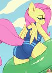  camel_toe doxy equine female fluttershy_(mlp) friendship_is_magic fur hair horse looking_at_viewer looking_back mammal my_little_pony pegasus pink_hair solo swimsuit unknown wings yellow_fur 