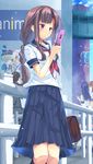  abusoru braid brown_eyes brown_hair cellphone highres long_hair multiple_girls original phone school_uniform serafuku solo_focus 