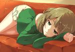  bare_shoulders blue_eyes brown_hair couch green_eyes idolmaster idolmaster_cinderella_girls looking_at_viewer lying mole mole_under_eye no_legwear on_side ponishi. short_hair smile solo takagaki_kaede 