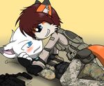  arctic arctic_fox blush canine chaos_theory duo fox fur gay logan_the_fox male mammal military pin smirk theoretical_chaos uniform weapon white_fur 