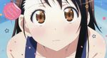  absurdres asymmetrical_hair blush brown_eyes brown_hair close-up face from_above highres long_hair looking_up nisekoi official_art onodera_kosaki scan solo sugiyama_nobuhiro 