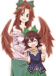  alternate_costume bare_shoulders blush bow brown_eyes brown_hair child hair_bow kokuu_haruto long_hair madara_hato mother_and_daughter motherly multiple_girls reiuji_utsuho short_hair skirt smile sweater touhou wings 