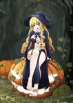  anklet aqua_eyes barefoot blonde_hair blue_cape blue_hat breasts btraphen cape cleavage feet forest green_eyes halloween hat highres jack-o'-lantern jewelry large_breasts legs legs_together long_hair looking_at_viewer nature navel open_mouth original outdoors plant pumpkin signature sitting smile solo toes tree very_long_hair witch witch_hat 