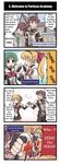  2girls 4koma ahoge artist_request belt blonde_hair blood blush bow bowtie brown_hair brown_skirt class_of_heroes clenched_hand closed_eyes comic cowboy_shot directional_arrow elf elf_(totomono) emphasis_lines english fingerless_gloves gameplay_mechanics gloves green_eyes green_hair hair_ornament hairband hard_translated highres holding_hands human_(totomono) in_the_face ken_to_mahou_to_gakuen_mono lips multiple_girls official_art open_mouth parted_lips pleated_skirt pointy_ears ponytail punching red_bow red_neckwear school_uniform skirt smile speech_bubble talking teeth translated upper_body 