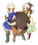  1girl alternate_costume blue_eyes boots bouffalant brown_hair dress fur_hat fur_trim gen_5_pokemon hat long_hair mogawa pokemon pokemon_(creature) pokemon_(game) pokemon_bw ponytail short_hair smile touko_(pokemon) touya_(pokemon) white_background winter_clothes 