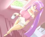  alternate_costume alternate_hairstyle bare_shoulders bespectacled bra_strap breasts can casual collarbone contemporary crescent drink dutch_angle glasses highres huge_breasts long_hair pants paper patchouli_knowledge perspective purple_eyes purple_hair reizou side_ponytail solo stairs touhou very_long_hair window 