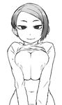  areola_slip areolae bangs breast_squeeze breasts character_request cleavage clothes_lift earrings greyscale jewelry large_breasts monochrome out-of-frame_censoring pubic_hair smile solo sweater sweater_lift swept_bangs tsukudani_(coke-buta) v_arms 