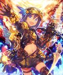  arm_up arrow blue_eyes blue_hair blush bow_(weapon) claws crossbow feena_(shingeki_no_bahamut) gloves goggles goggles_on_head hair_between_eyes hat looking_at_viewer mckeee midriff navel open_mouth pickaxe shadowverse shingeki_no_bahamut short_hair shorts side_ponytail smile solo weapon 