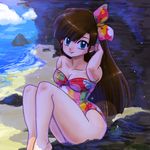 blue_eyes bow brown_hair highres kuonji_ukyou long_hair multicolored multicolored_bow multicolored_clothes multicolored_swimsuit one-piece_swimsuit ranma_1/2 sitting solo swimsuit wanta_(futoshi) 