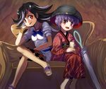  :d black_hair bowl bowl_hat bracelet chin_rest cup dress hat japanese_clothes jewelry kijin_seija kimono multicolored_hair multiple_girls needle obi open_mouth oversized_object purple_hair red_eyes sash shope short_hair smile sukuna_shinmyoumaru teacup touhou 