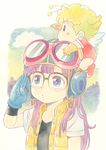  agahari antennae blonde_hair blue_eyes blue_gloves colored_pencil_(medium) dr._slump glasses gloves goggles goggles_on_headwear hat long_hair multiple_girls norimaki_arale norimaki_gajira purple_hair short_hair short_sleeves traditional_media 