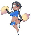  black_hair blue_eyes blush borrowed_character bouncing_breasts breasts cheerleader chibi dark_skin eyepatch full_body gigi-chan large_breasts leg_lift midriff miniskirt original pom_poms sharp_teeth short_hair skirt socks solo standing standing_on_one_leg teeth tsukudani_(coke-buta) 