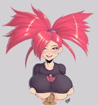  asuna_(pokemon) bangs breast_squeeze breasts crop_top cum disembodied_penis gym_leader hair_over_one_eye huge_breasts lipgloss lips long_hair paizuri paizuri_under_clothes penis pokemon pokemon_(game) pokemon_rse randomboobguy red_eyes red_hair scrunchie shirt smile solo_focus split_ponytail t-shirt uncensored underboob upper_body 