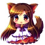  animal_ears blush brooch brown_hair chibi chocolat_(momoiro_piano) commentary imaizumi_kagerou jewelry long_sleeves open_mouth shirt sitting skirt solo tail touhou wide_sleeves wolf_ears wolf_tail 