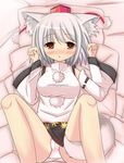  animal_ears bare_shoulders bed blush breasts detached_sleeves hat highres inubashiri_momiji large_breasts looking_at_viewer miniskirt mtd_(matidappp) open_mouth panties paws pom_pom_(clothes) red_eyes shirt short_hair silver_hair skirt solo tail tokin_hat touhou underwear white_panties white_shirt wolf_ears wolf_tail 