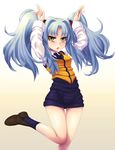  blue_hair blush bunny_pose ebi_tendon highres hoshino_ruri kidou_senkan_nadesico leg_up long_hair necktie skirt solo twintails uniform yellow_eyes 